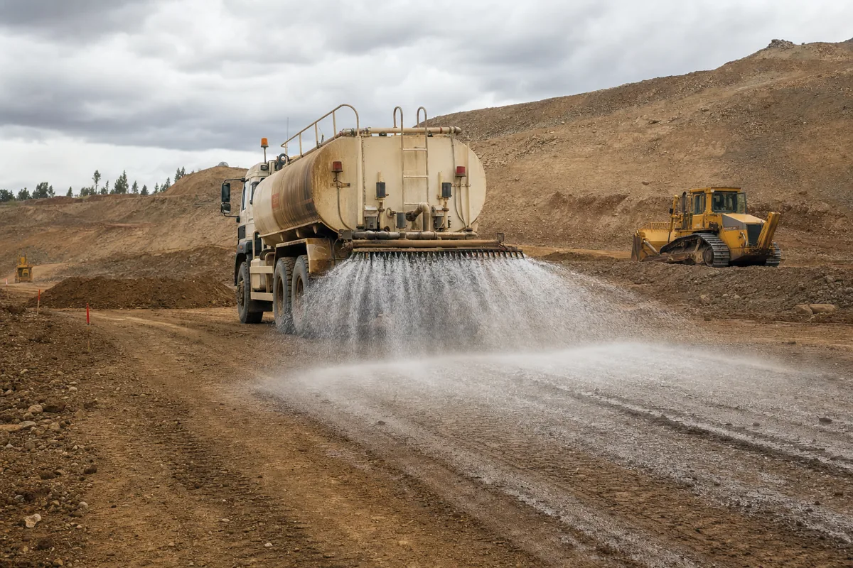 Water truck spraying a dirt haul road to suppress dust on a job site