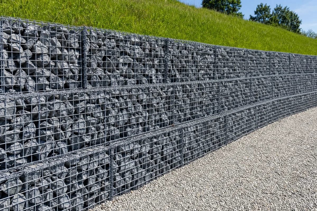 Stacked wire gabion baskets filled with rock forming an erosion-control wall