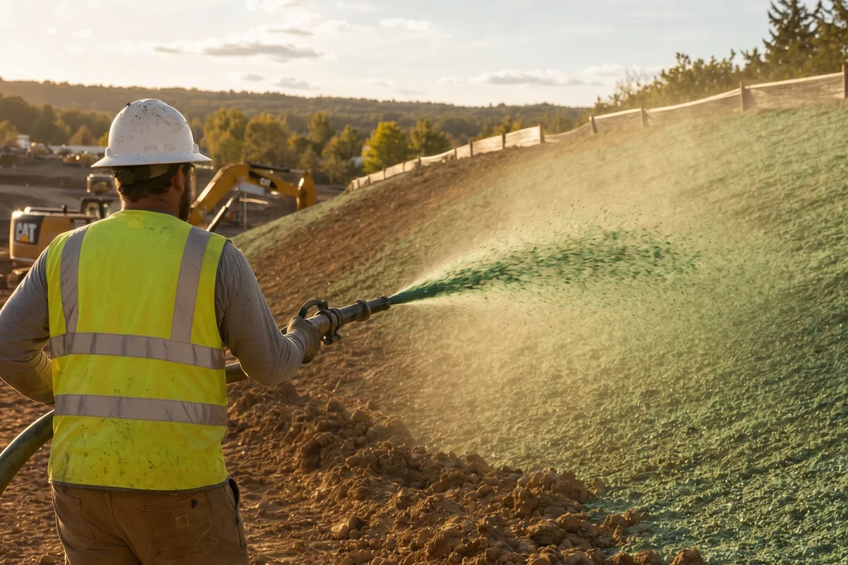 Crew member hydroseeding a freshly graded slope