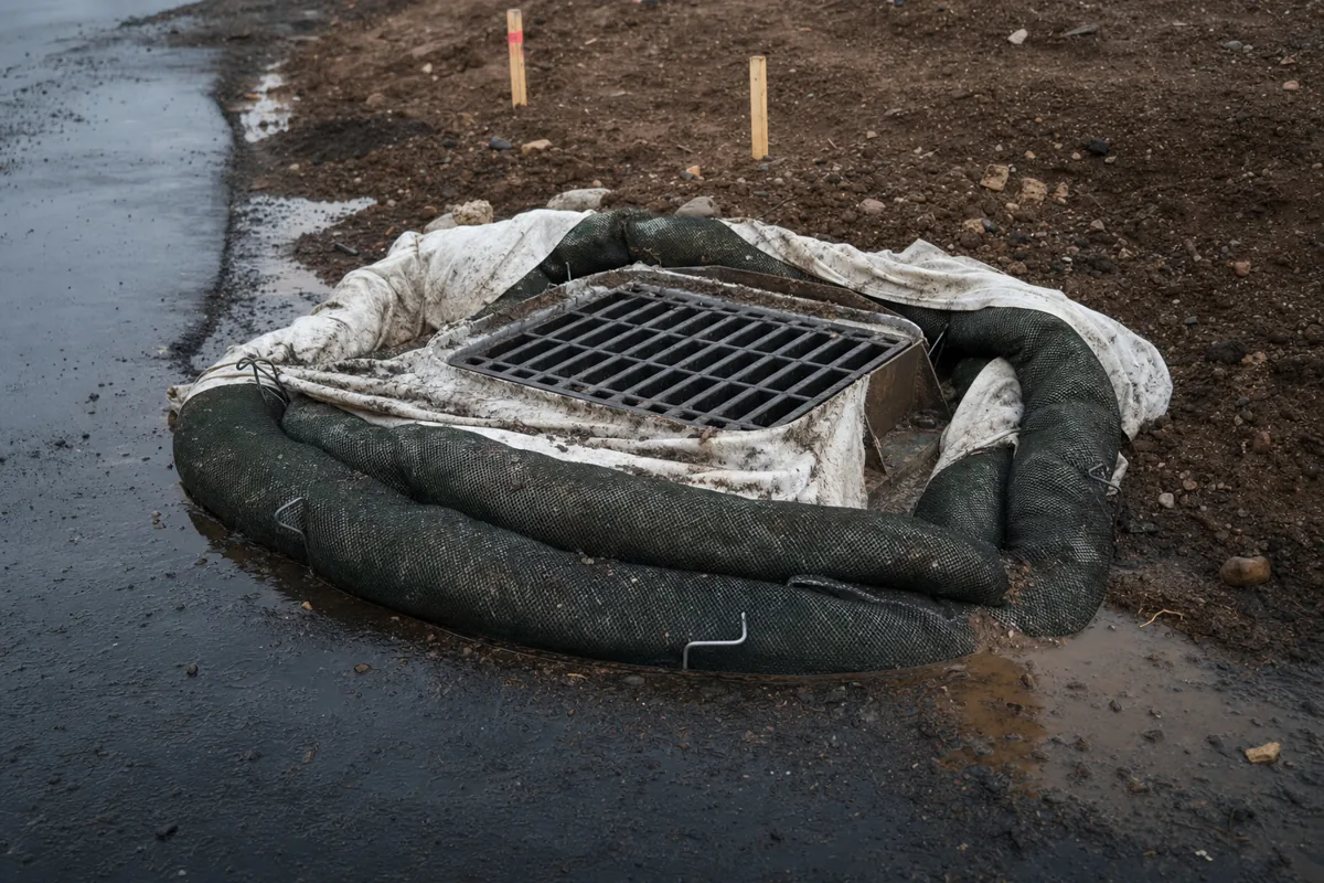 Storm drain inlet protected with a sediment filter on a construction site