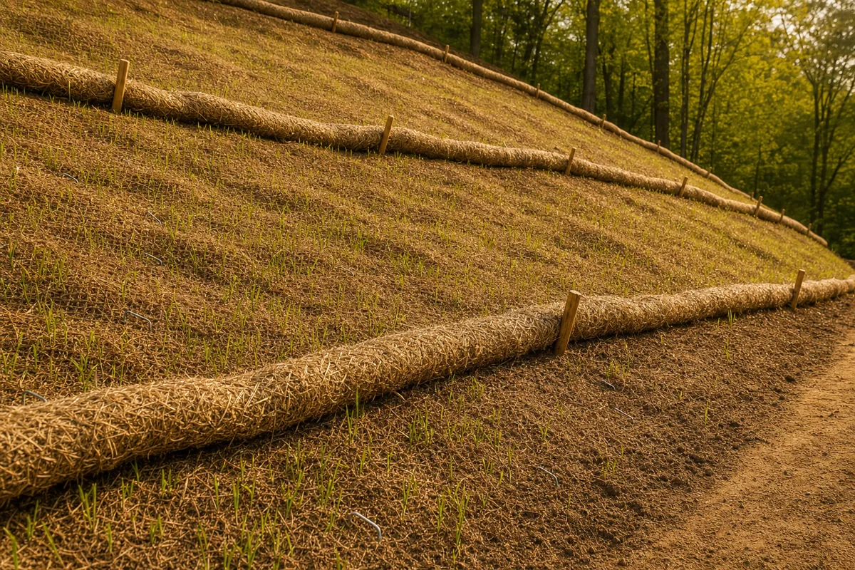 Erosion control matting and straw wattles stabilizing a graded slope