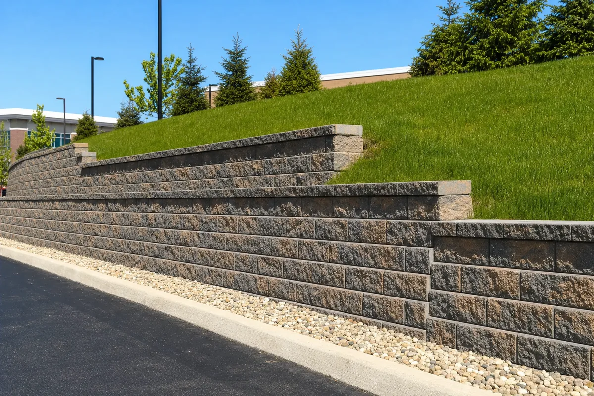Segmental block retaining wall holding back a graded slope