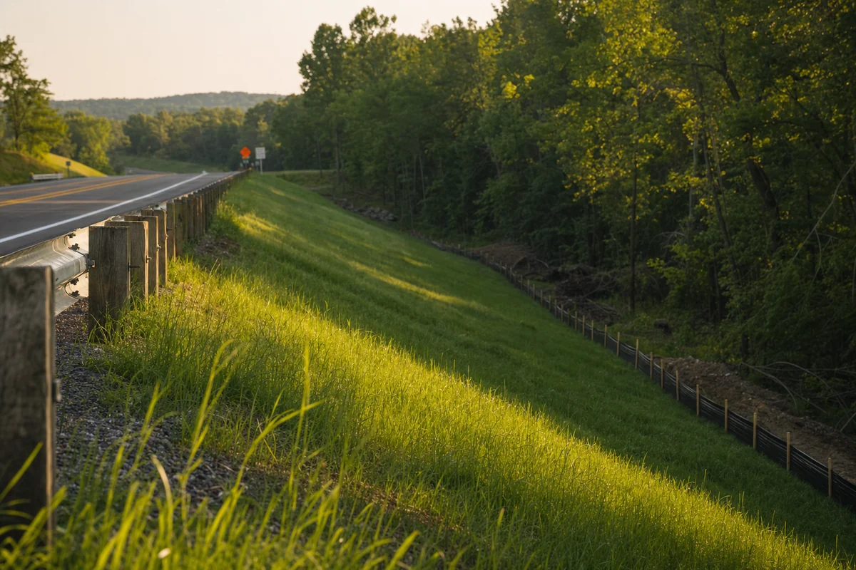 Highway right-of-way corridor with a vegetated slope, guardrail and silt fence