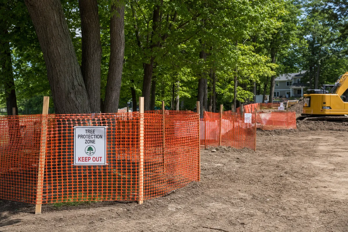 Orange safety fence and tree-protection fencing around a construction zone