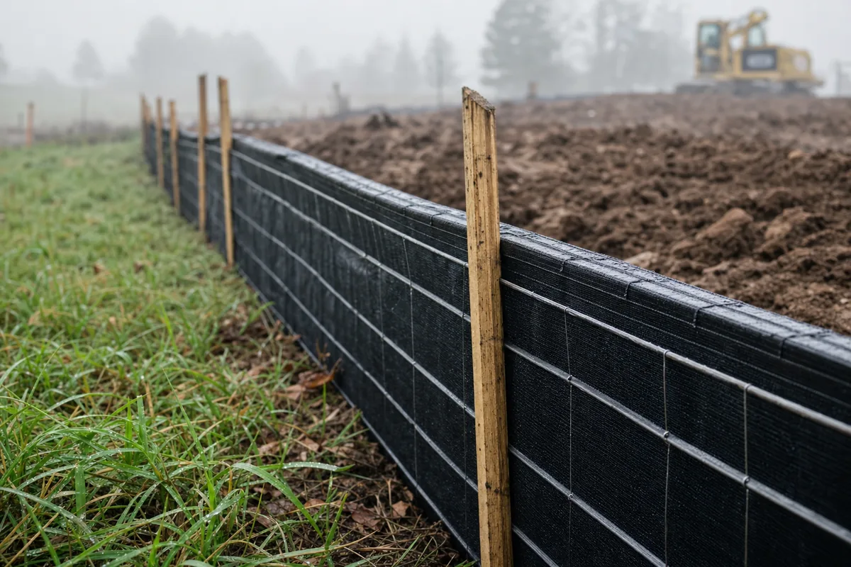 Wire-backed silt fence along a construction perimeter
