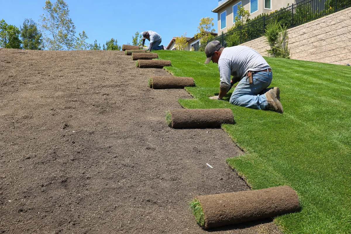 Fresh sod being installed over graded soil for permanent stabilization
