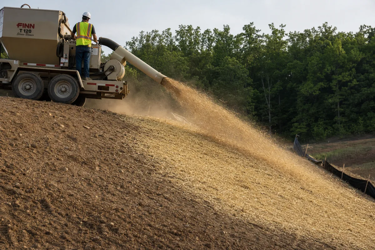 Crew blowing straw mulch over a freshly seeded slope