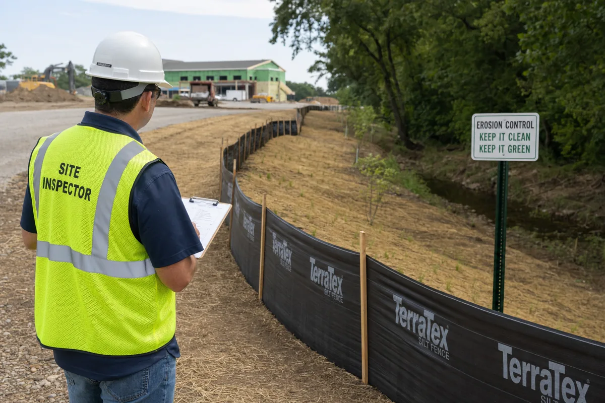Erosion control inspector documenting BMPs on a construction site