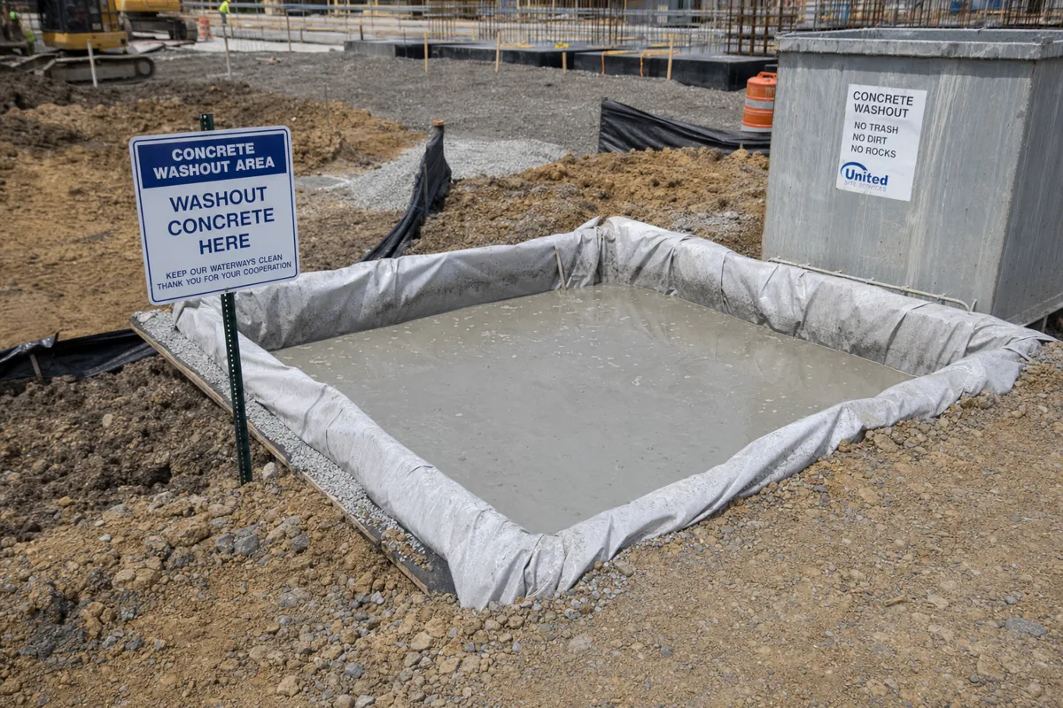 Lined concrete washout containment area on a construction site